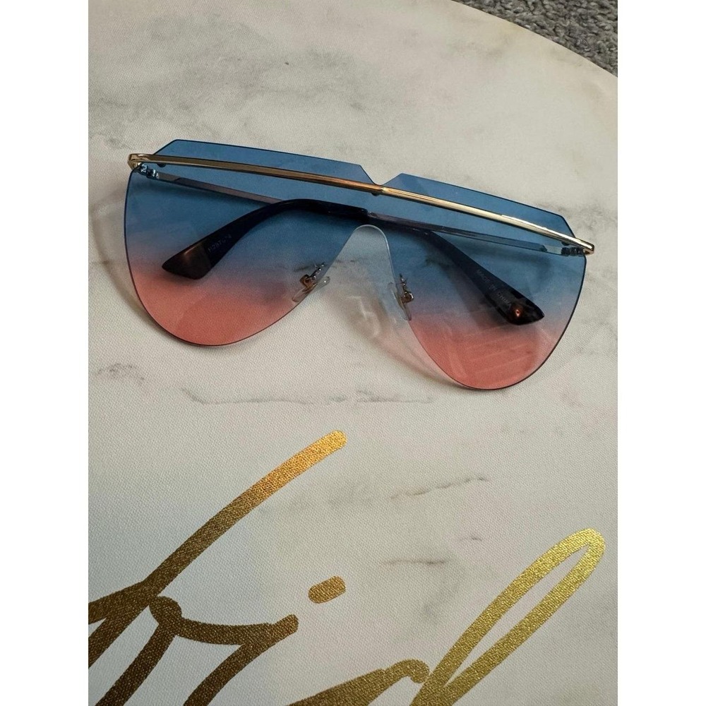 Blue Pink Ombre Flat Top Shield Sunglasses Gold Frame Oversized Rimless Style
